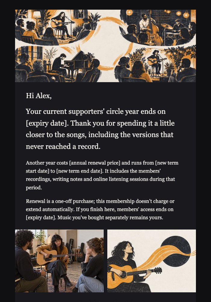 Musician · Renew a fixed-term supporters' membership email design preview