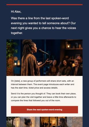 Cultural center · Invite a visitor to bring another audience member email design preview