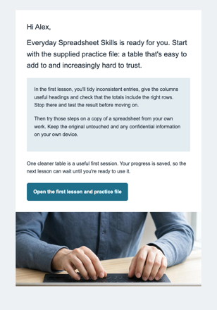 Professional training · Put spreadsheet learning into practice email design preview