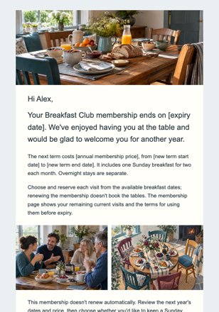 Guest house / bed & breakfast · Renew a local breakfast-club membership email design preview