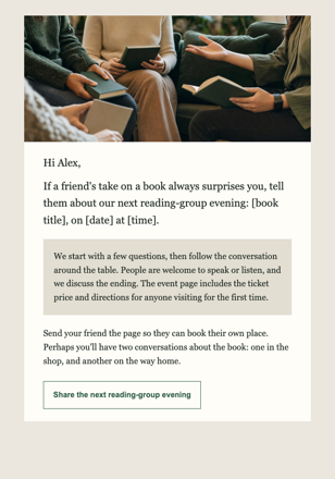 Independent book store · Grow a welcoming reading group email design preview