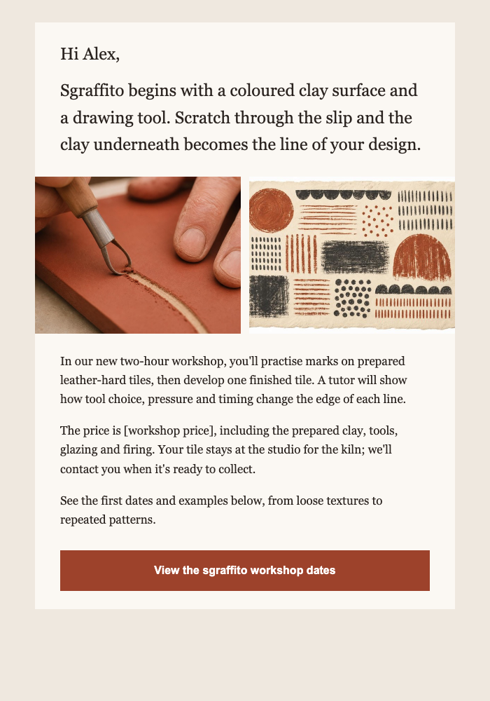 Ceramics studio · Launch a surface-decoration workshop email design preview