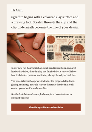 Ceramics studio · Launch a surface-decoration workshop email design preview