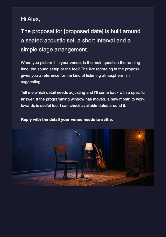 Musician · Help a venue assess a concert proposal email design preview