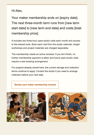 Creative workshop studio · Renew an open-studio membership email design preview
