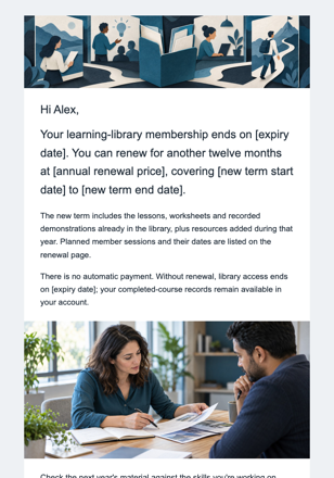Professional training · Renew a professional learning-library membership email design preview