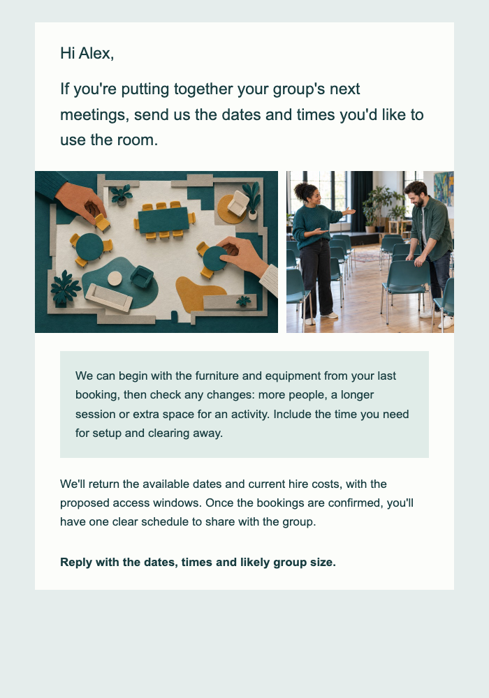 Cultural center · Help a regular group plan its next booking email design preview