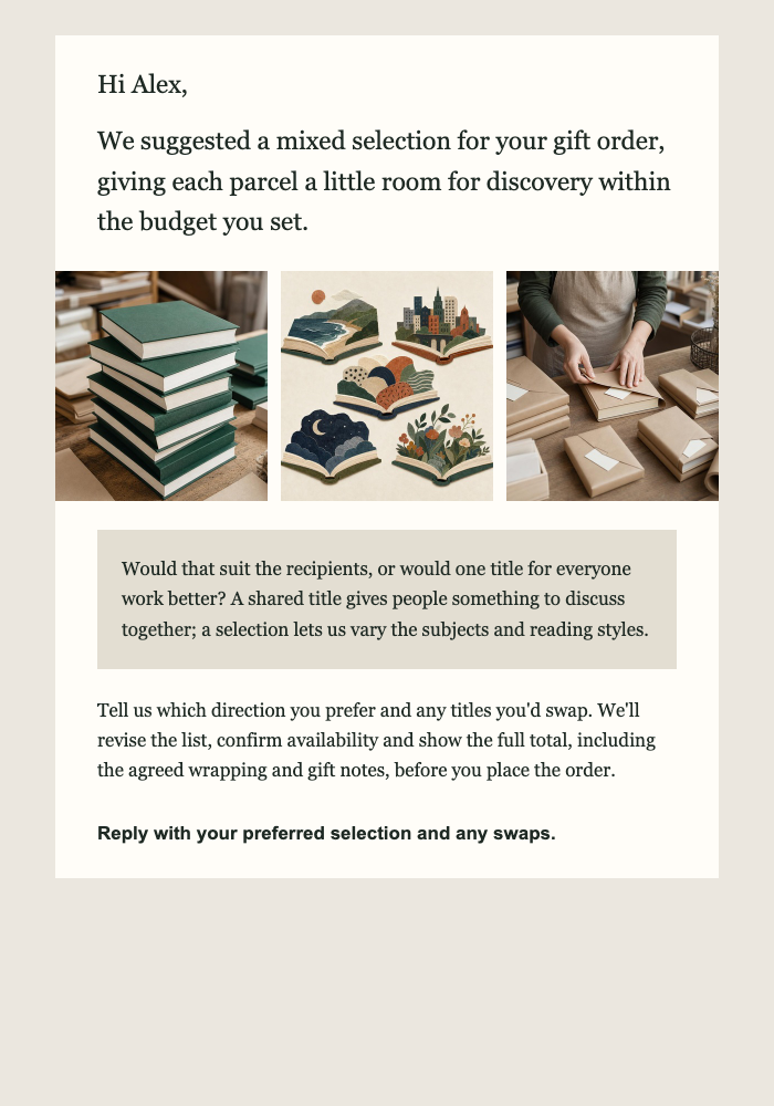 Independent book store · Refine a corporate book-gift selection email design preview
