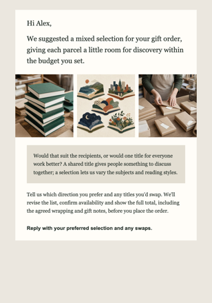 Independent book store · Refine a corporate book-gift selection email design preview