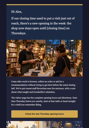 Independent book store · Announce a practical reason to visit again email design preview