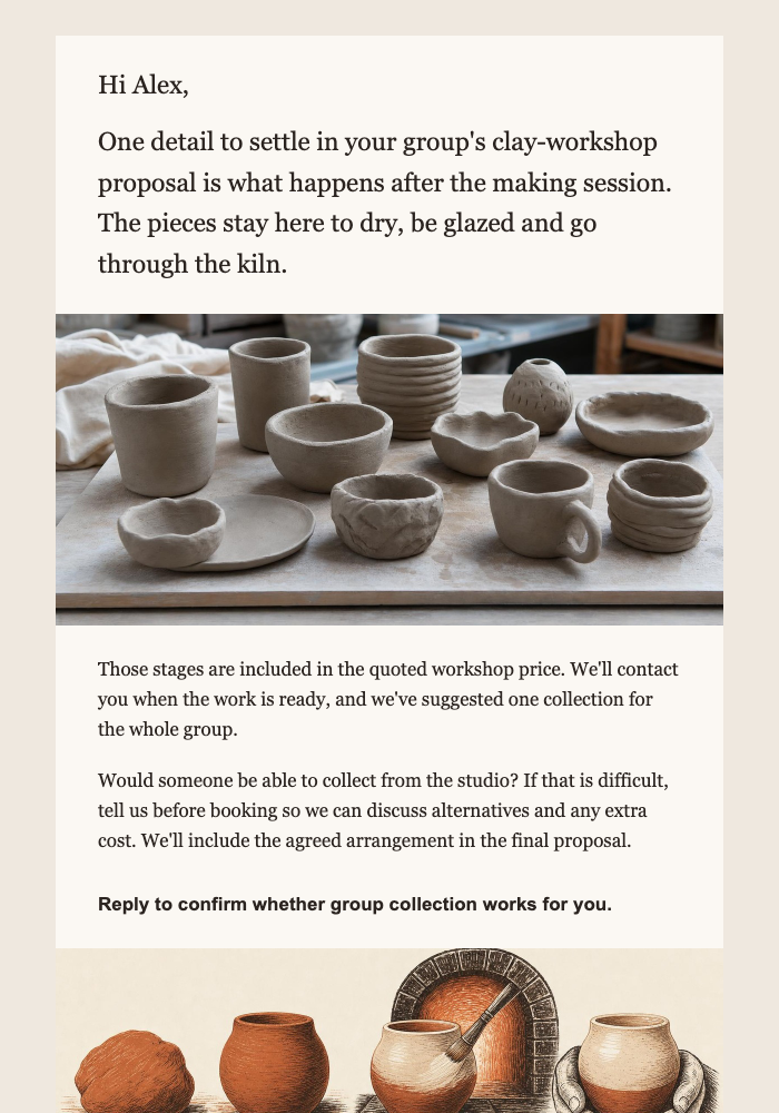 Ceramics studio · Clarify a private clay workshop format email design preview