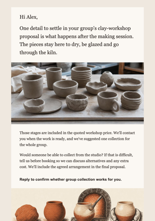 Ceramics studio · Clarify a private clay workshop format email design preview