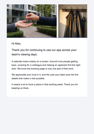 Property viewing app · Thank the agency team for continuing to use the app email design preview