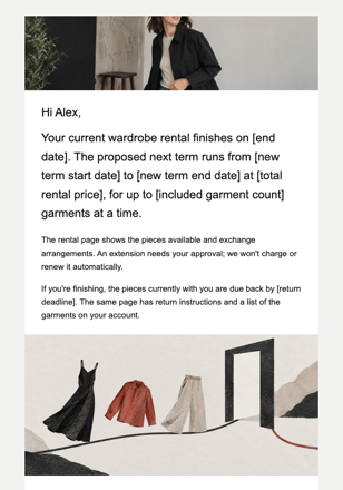 Independent fashion label · Extend a clothing rental agreement email design preview