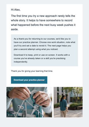 Professional training · Give experienced learners a useful resource email design preview