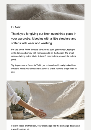 Independent fashion label · Care for a new linen piece email design preview