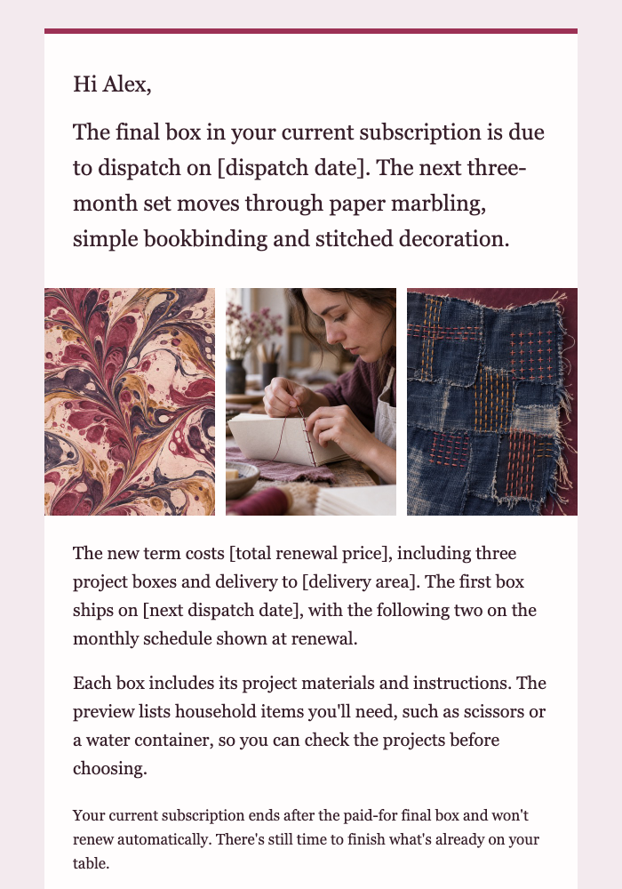 Estúdio de oficinas criativas · Continue uma assinatura pré-paga de caixas de artesanato email design preview