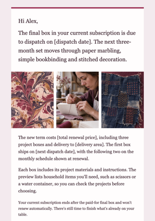 Estúdio de oficinas criativas · Continue uma assinatura pré-paga de caixas de artesanato email design preview