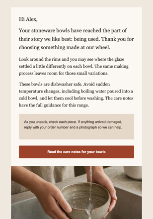 Ceramics studio · Welcome the buyer of handmade tableware email design preview