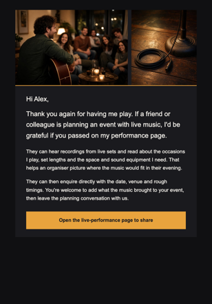 Musician · Recommend a live performer email design preview