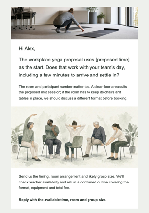 Yoga studio · Follow up on a workplace session proposal email design preview