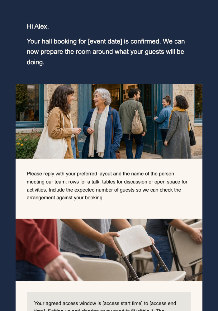 Cultural center · Prepare a community group for a venue booking email design preview