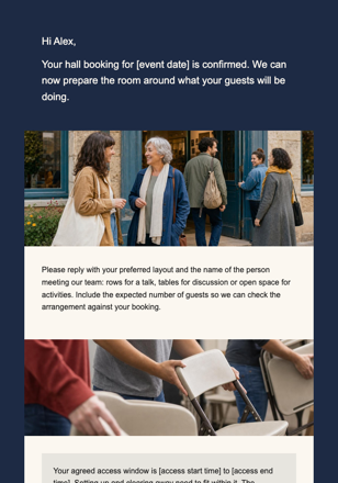Cultural center · Prepare a community group for a venue booking email design preview