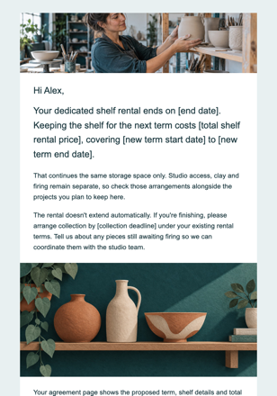 Ateliê de cerâmica · Renove o aluguel de uma prateleira exclusiva no ateliê email design preview
