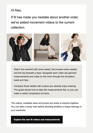 Independent fashion label · Reintroduce a label through useful fit information email design preview