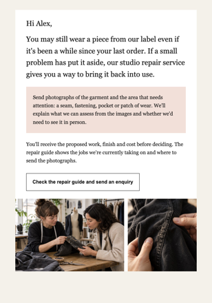 Independent fashion label · Bring customers back through aftercare email design preview