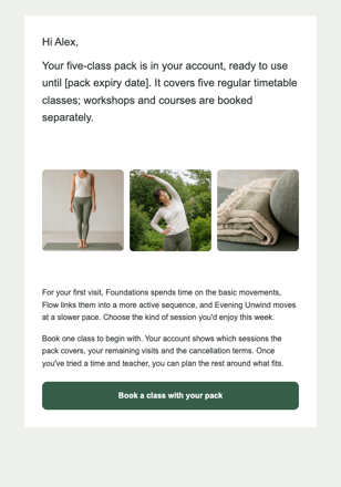 Estúdio de yoga · Ajude alguém a usar um pacote de aulas email design preview