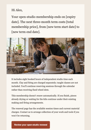 Ceramics studio · Renew independent studio access email design preview