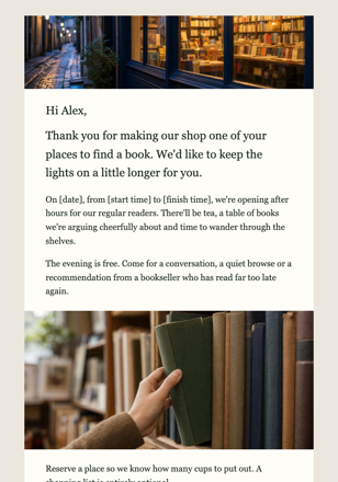 Independent book store · Open the shop for regular readers email design preview