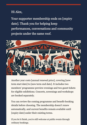 Cultural center · Renew a supporters' membership email design preview