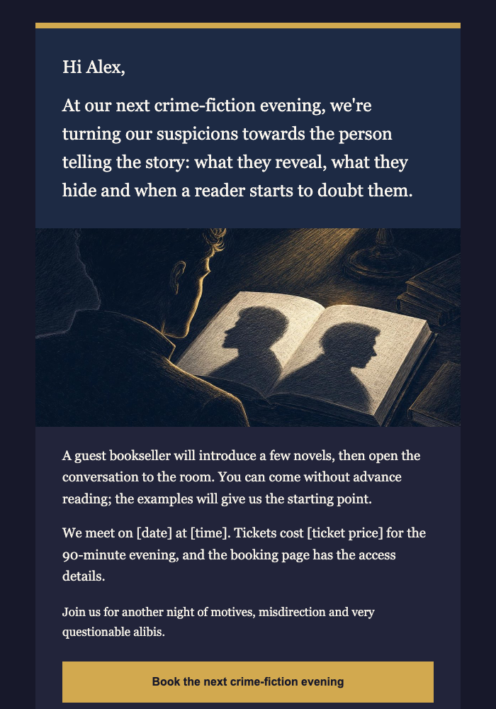 Independent book store · Invite a customer to the next themed event email design preview