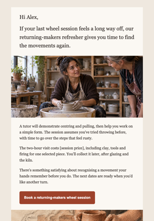 Ceramics studio · Make a return to the wheel approachable email design preview