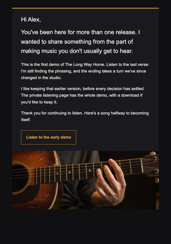 Musician · Share an unfinished song with long-time listeners email design preview