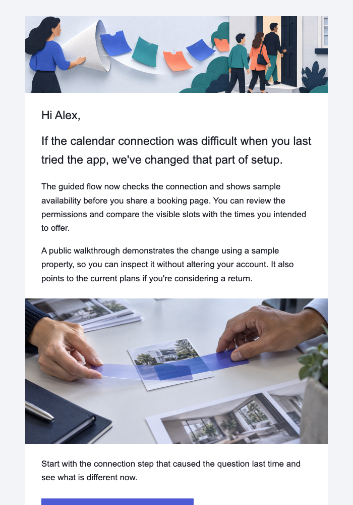 Aplicativo de visitas a imóveis · Apresente novamente o aplicativo após uma melhoria concreta na configuração email design preview