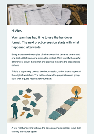 Workplace training · Schedule application practice after a workshop email design preview