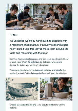 Ceramics studio · Offer a calmer session format email design preview