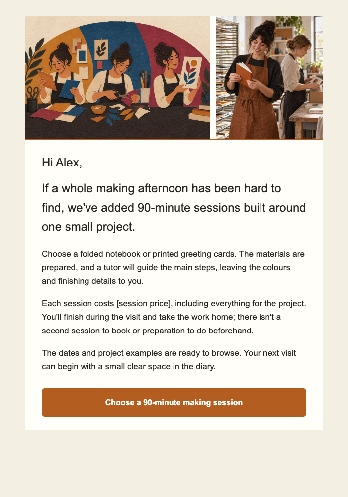 Creative workshop studio · Offer a shorter return to making email design preview