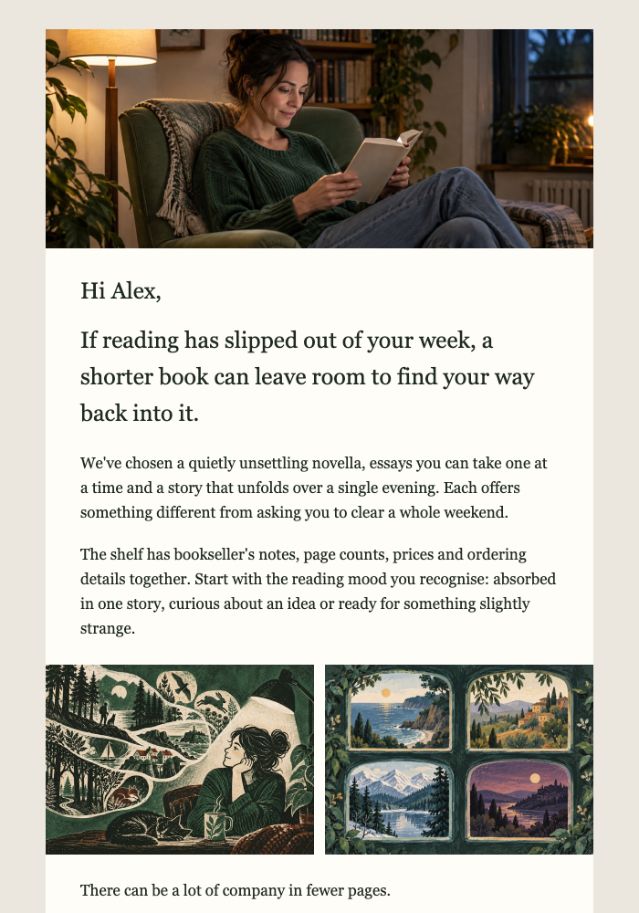 Independent book store · Offer a low-effort return to reading email design preview