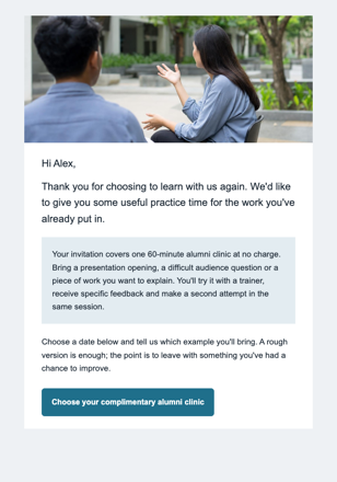 Professional training · Offer returning learners a practice clinic email design preview