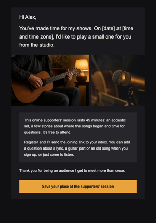 Musician · Invite regular concertgoers behind the songs email design preview