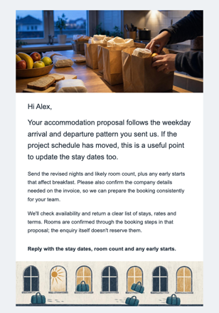 Guest house / bed & breakfast · Follow up on a recurring work-stay proposal email design preview