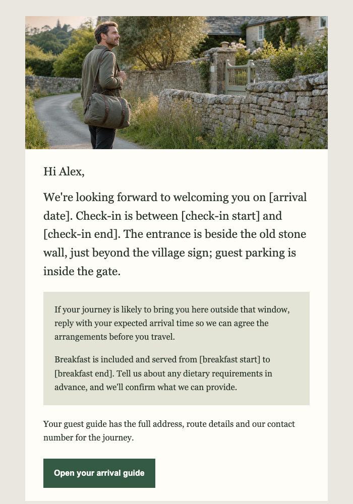 Guest house / bed & breakfast · Make arrival feel personal email design preview