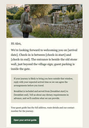 Guest house / bed & breakfast · Make arrival feel personal email design preview