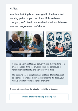Workplace training · Offer a conversation about present training needs email design preview