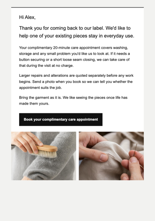 Marca de moda independente · Agradeça aos clientes com cuidado, não com outra compra email design preview