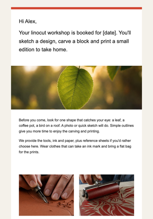 Estúdio de oficinas criativas · Prepare-se para sua primeira sessão de gravura email design preview